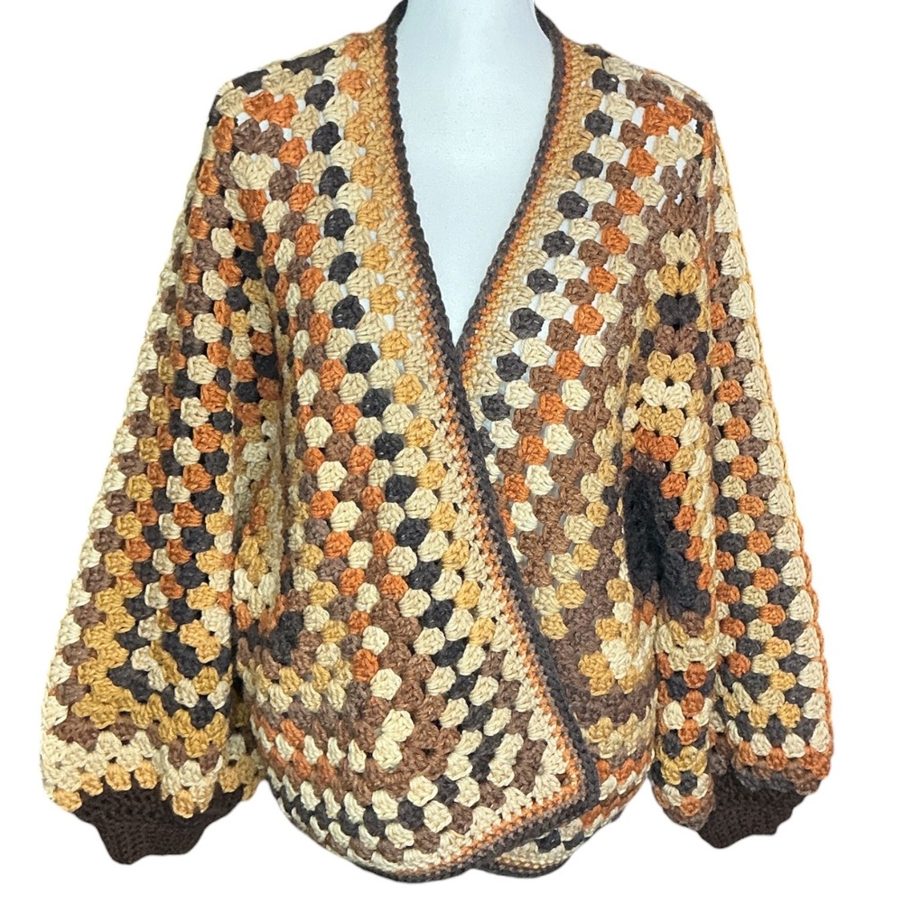 Handmade Brown Crochet Granny Hexagon Cardigan Women Large Oversized Boho